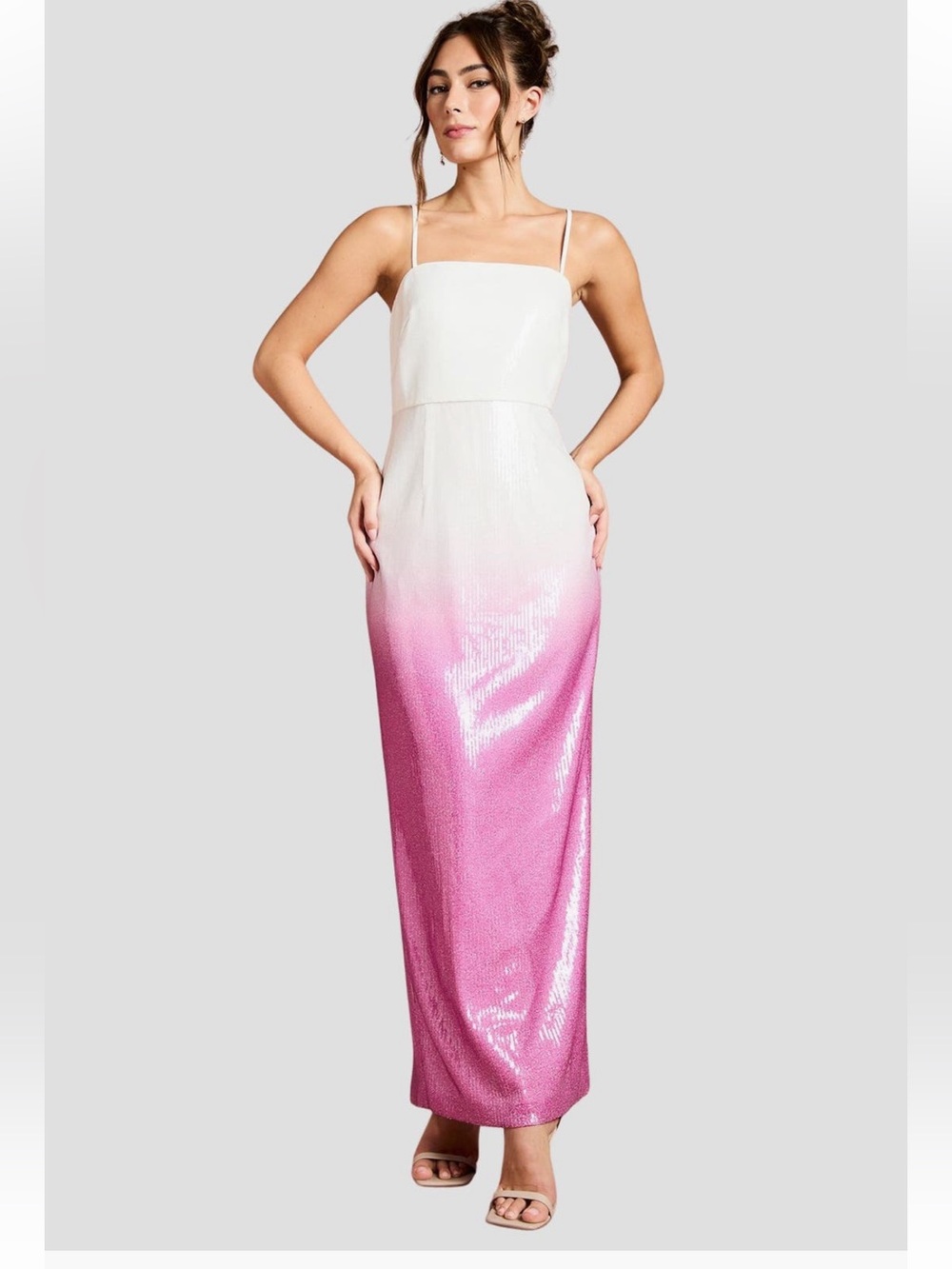 Spaghetti Strap Sequin square neck Maxi Dress in White to Pink ombré